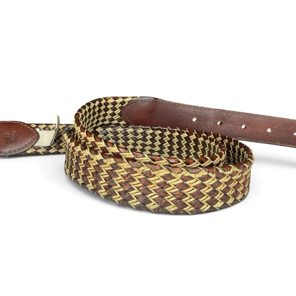 Fossil Braided Woven Brown/Cream Leather Belt Size 38/95